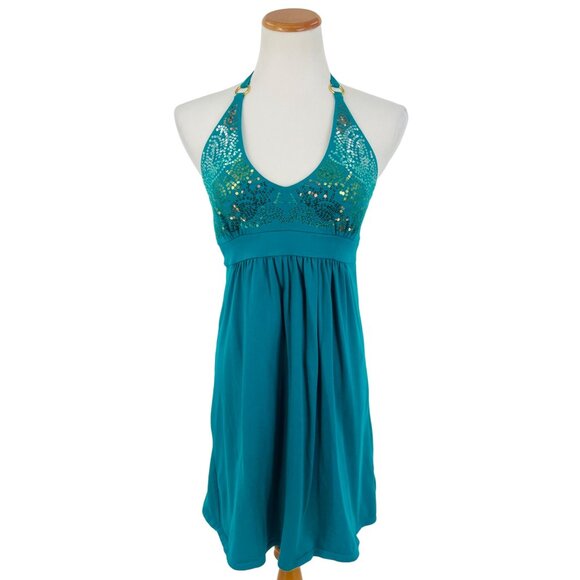 Vtg Victoria's Secret Y2K Halter Sequin Mini Dress • Coquette Club McBling Teal - Picture 3 of 16